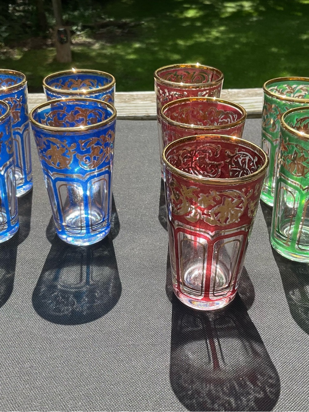 Vintage 9 Hand-Painted Moroccan Glasses - Red, Blue & Green W/ Gold Trim